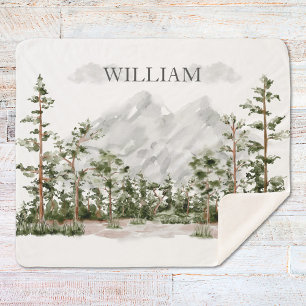 Waterverf berg- en boslandschap met monogram sherpa deken