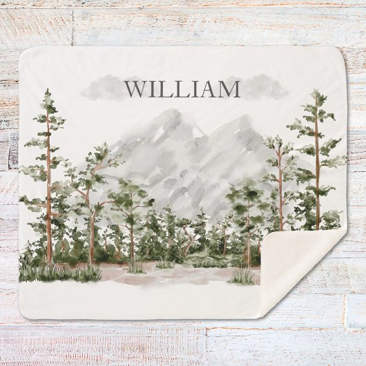Waterverf berg- en boslandschap met monogram sherpa deken