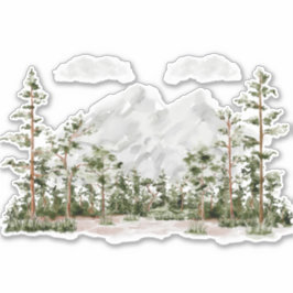 Waterverf berg- en boslandschap met monogram sticker