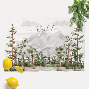 Waterverf berg- en boslandschap met monogram theedoek