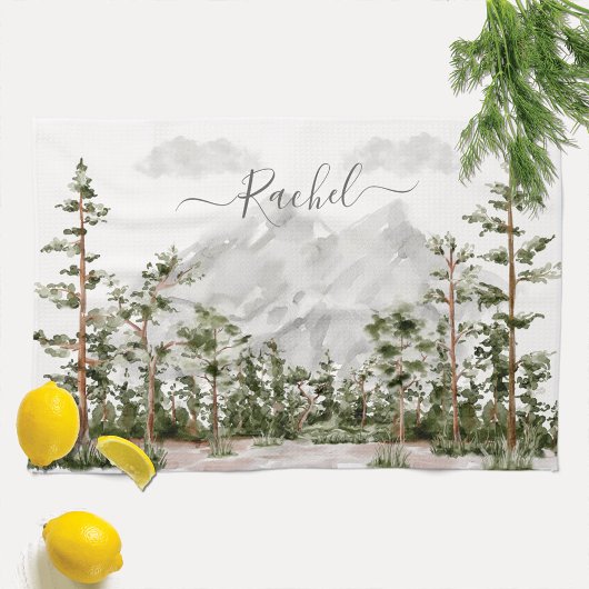Waterverf berg- en boslandschap met monogram theedoek