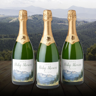 Waterverf Berg Wilde Bloem Baby Shower Sparkling Wijnetiket