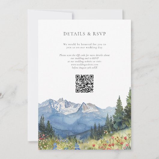 Waterverf Berg Wildflower QR Code Bruiloft Kaart (Achterkant)