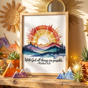 Waterverf berg zonsondergang Bijbelvers Poster