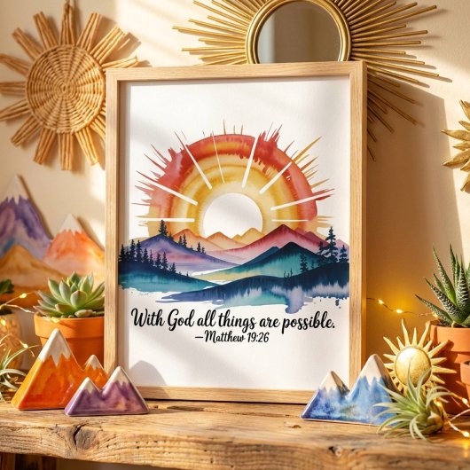 Waterverf berg zonsondergang Bijbelvers Poster
