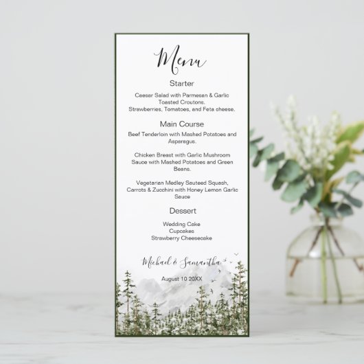 Waterverf Bergbos Rustieke Bruiloft Menu (Staand voorkant)
