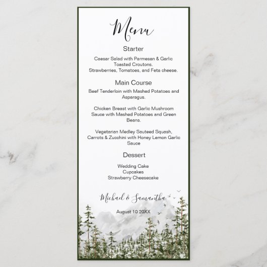 Waterverf Bergbos Rustieke Bruiloft Menu (Voorkant)