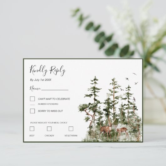 Waterverf Bergbos Rustieke Bruiloft RSVP Kaartje (Staand voorkant)