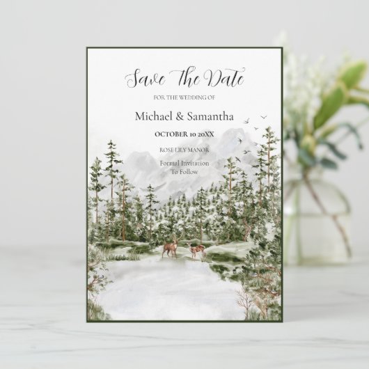 Waterverf Bergbos Rustieke Bruiloft Save The Date (Staand voorkant)