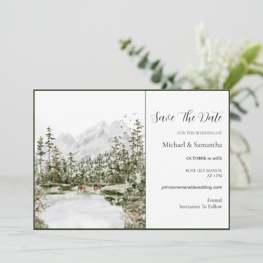 Waterverf Bergbos Rustieke Bruiloft Save The Date (Staand voorkant)