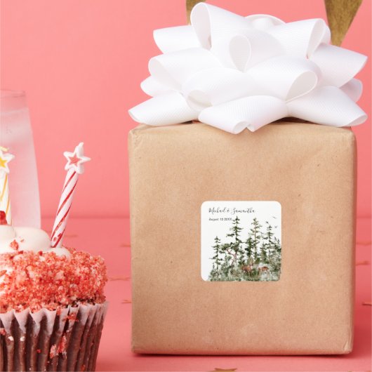 Waterverf Bergbos Rustieke Bruiloft Vierkante Sticker (Feest)