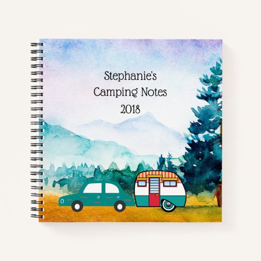 Waterverf Bergen Auto en Teardrop Camper Notitieboek (Voorkant)