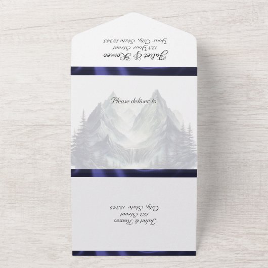 Waterverf Bergen & Blue Ribbon Wedding All In One Uitnodiging (Buitenkant)