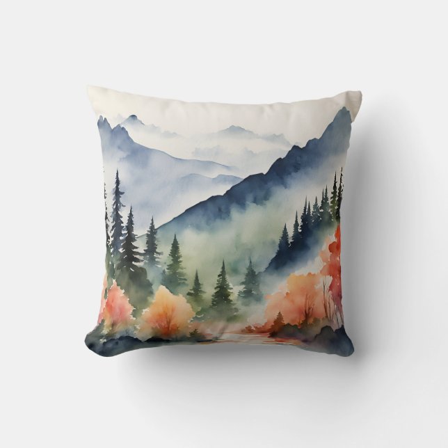 Waterverf Bergen Bomen Herfst Herfst Natuur Kussen (Voorkant)
