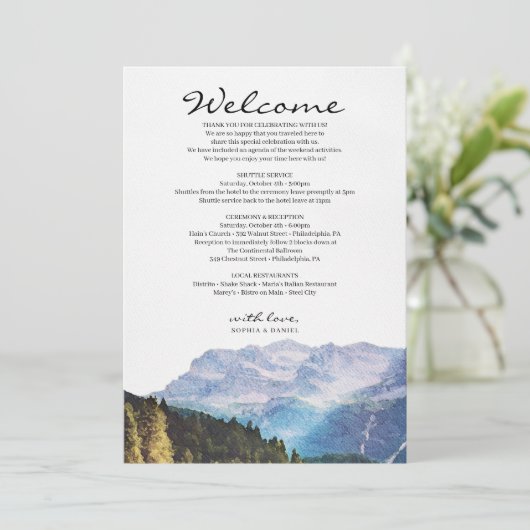 Waterverf Bergen bruiloft welkom route Programmakaart (Staand voorkant)