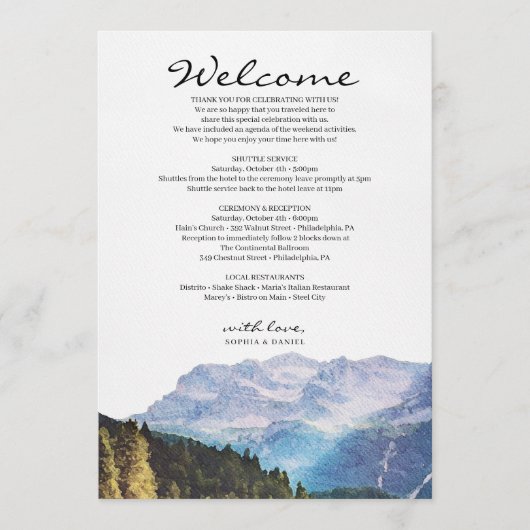 Waterverf Bergen bruiloft welkom route Programmakaart (Voorkant)