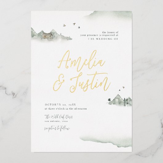 Waterverf bergen buitenweg bestemming bruiloft folie uitnodiging (Voorkant)