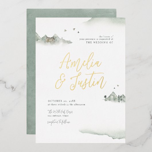 Waterverf bergen buitenweg bestemming bruiloft folie uitnodiging (Voorkant / Achterkant)