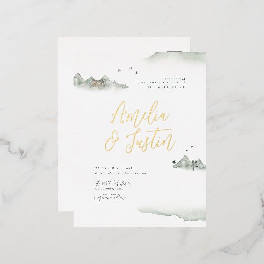 Waterverf bergen buitenweg bestemming bruiloft folie uitnodiging briefkaart (Voorkant / Achterkant)