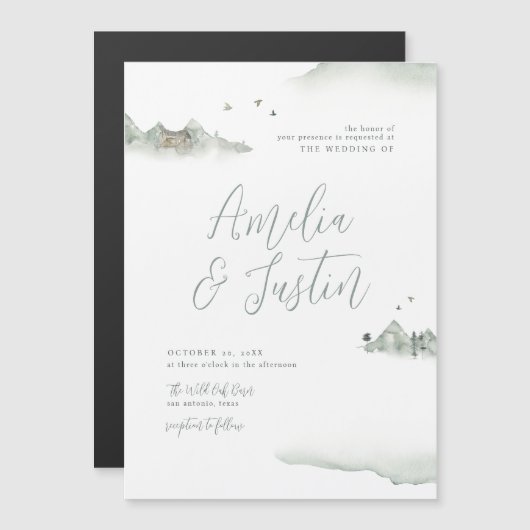 Waterverf bergen buitenweg bestemming bruiloft magnetische uitnodiging (Voorkant / Achterkant)