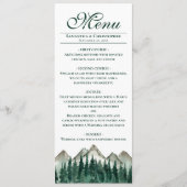 Waterverf bergen & dennen elegante rustieke bruilo menu (Voorkant)