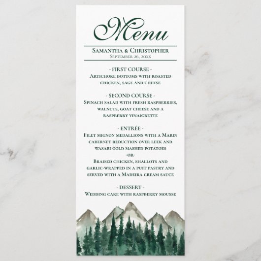 Waterverf bergen & dennen elegante rustieke bruilo menu (Voorkant)