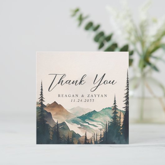 Waterverf bergen dennenbos bruiloft bedankkaart (Staand voorkant)