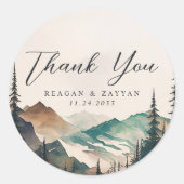 Waterverf bergen dennenbos bruiloft dank u ronde sticker (Voorkant)