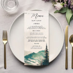 Waterverf bergen dennenbos bruiloft menu<br><div class="desc">Cadeau uw bruiloftsfeest op een visueel aangename manier met de Waterverf Bergen Pine Forest Wedding Menu. Dit menu, gedrukt op hoogwaardige kaartvoorraad, beschikt over een rustige bergscène en een dennenbos, die de natuurlijke grandeur van uw huwelijksthema weerspiegelt. waterverf De gerechten van uw receptiemeel worden in heldere, moderne typografie opgesomd, waardoor...</div>