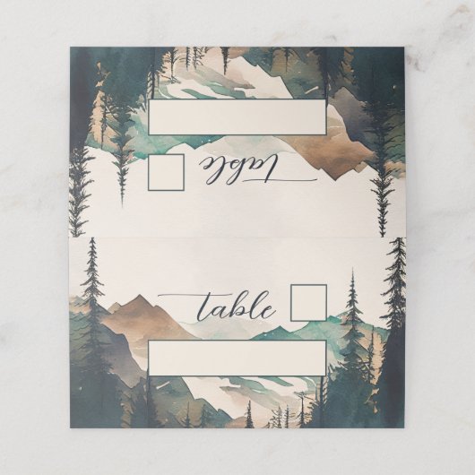 Waterverf bergen dennenbos bruiloft plaatskaartje (Buitenkant ongevouwen)