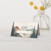 Waterverf bergen dennenbos bruiloft plaatskaartje (Achterkant)