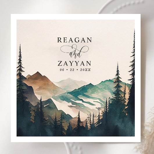 Waterverf bergen dennenbos bruiloft servet