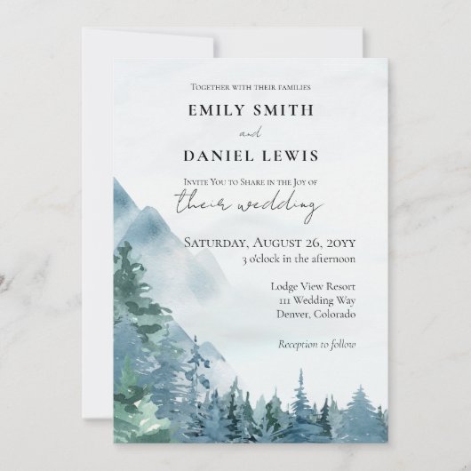 Waterverf bergen Dusty Blue Rustic Wedding Kaart (Voorkant)