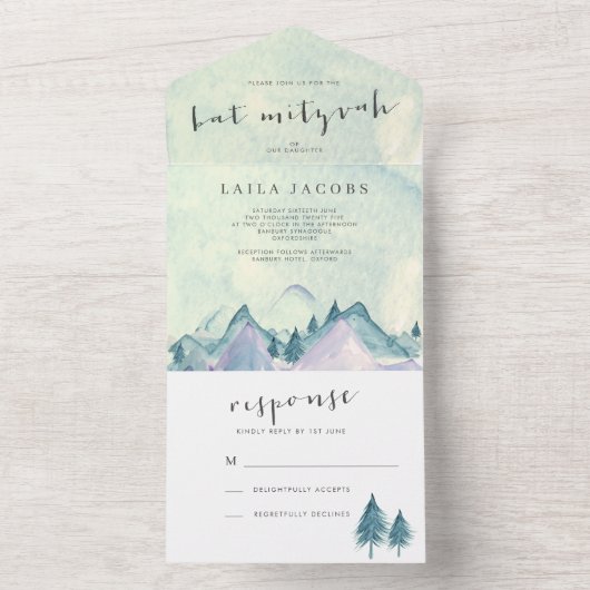 Waterverf Bergen en Bomen Bat Mizvah All In One Uitnodiging (Binnen)