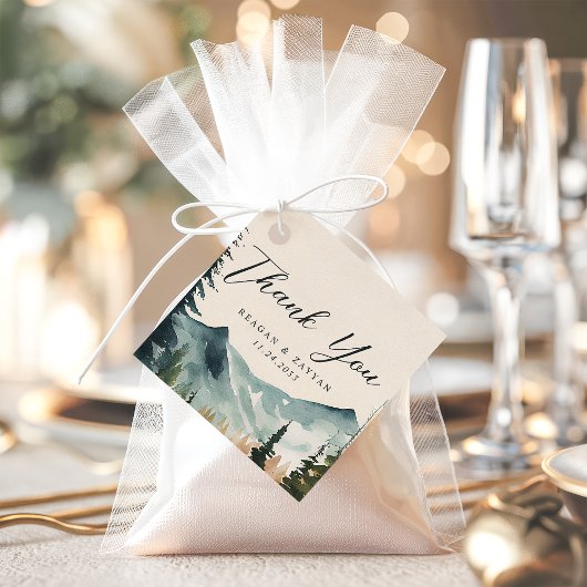 Waterverf bergen en dennen bruiloft dank u bedankjes labels