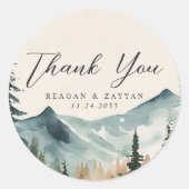 Waterverf bergen en dennen bruiloft dank u ronde sticker (Voorkant)