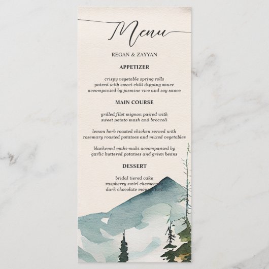 Waterverf bergen en dennen bruiloft menu (Voorkant)
