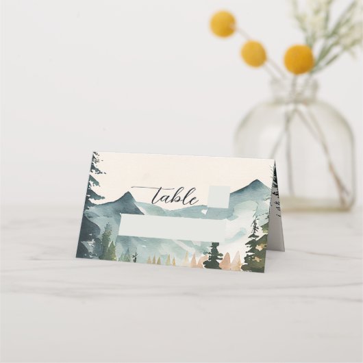 Waterverf bergen en dennen bruiloft plaatskaartje (Achterkant)