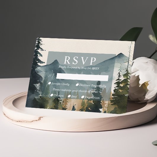 Waterverf Bergen en dennen bruiloft RSVP Kaart