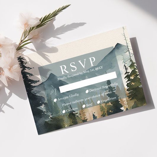 Waterverf Bergen en dennen bruiloft RSVP Kaart
