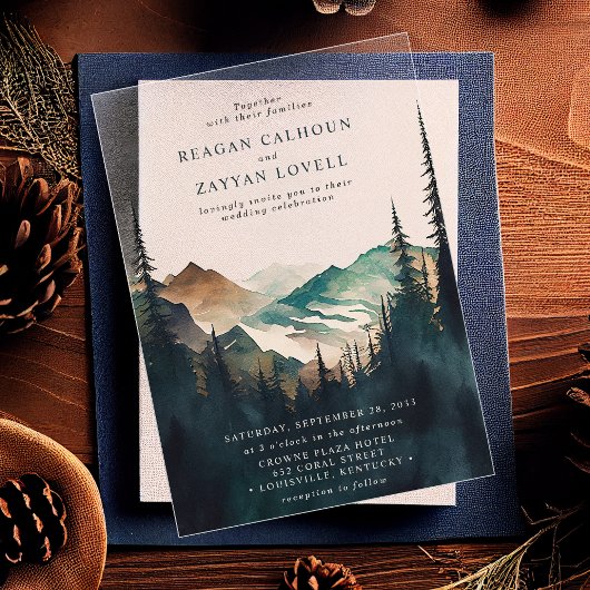 Waterverf bergen en dennenbos acryl uitnodigingen