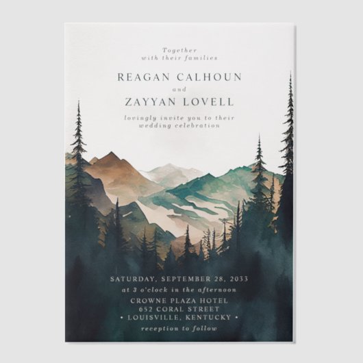 Waterverf bergen en dennenbos vellum uitnodigingen (Voorkant)