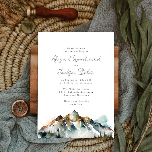 Waterverf Bergen Evergreen Bos Bruiloft Kaart