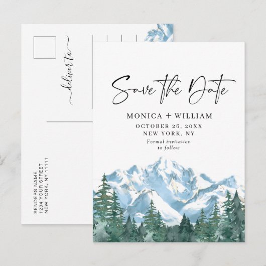 Waterverf bergen Forest Wedding Save the Date Aankondigingskaart (Voorkant / Achterkant)