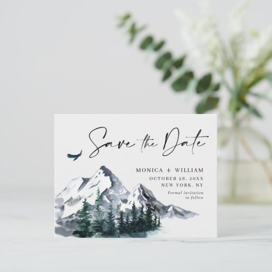 Waterverf bergen Forest Wedding Save the Date Aankondigingskaart (Staand voorkant)