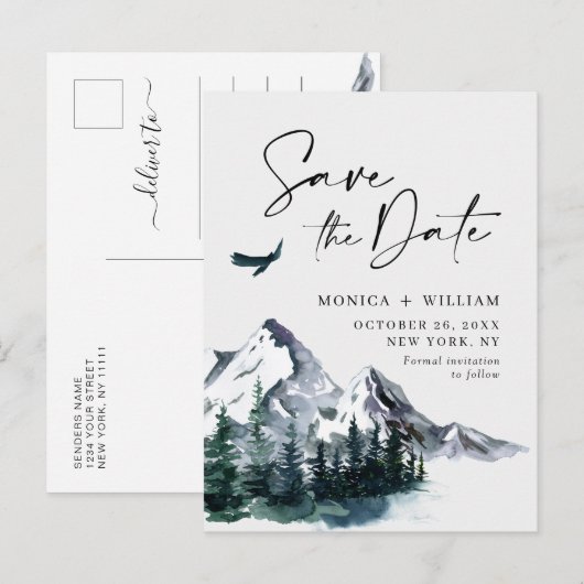 Waterverf bergen Forest Wedding Save the Date Aankondigingskaart (Voorkant / Achterkant)