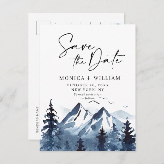 Waterverf bergen Forest Wedding Save the Date Aankondigingskaart (Voorkant / Achterkant)