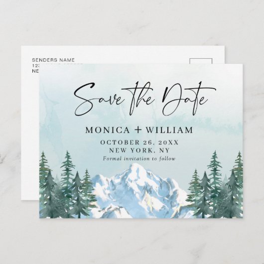 Waterverf bergen Forest Wedding Save the Date Briefkaart (Voorkant / Achterkant)