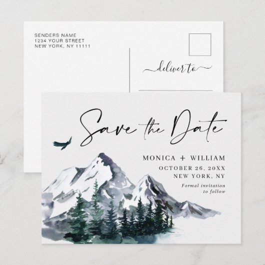 Waterverf bergen Forest Wedding Save the Date Briefkaart (Voorkant / Achterkant)
