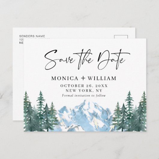 Waterverf bergen Forest Wedding Save the Date Briefkaart (Voorkant / Achterkant)